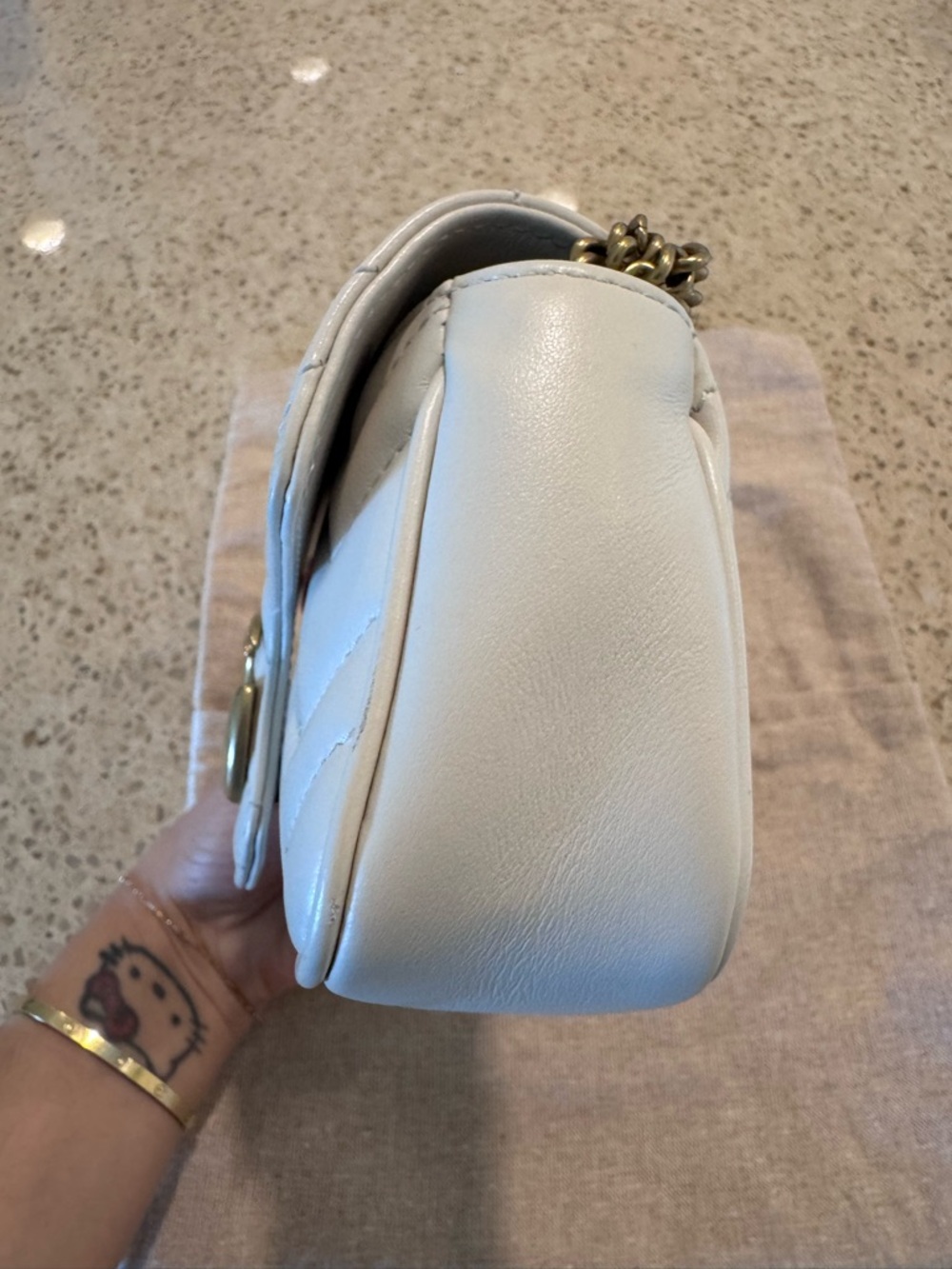 Gucci Cream GG Marmont Chevron super Mini Shoulder Bag with Gold Hardware - Picture 10 of 12